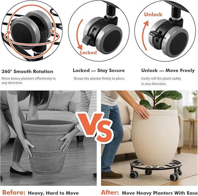 3 Pack Plant Caddy with Wheels Heavy Duty 11.8 Inches Metal Plant Stand with Wheels Plant Dolly Rolling Plant Stand Plant Roller with Casters for Indoor and Outdoor (3, Black)