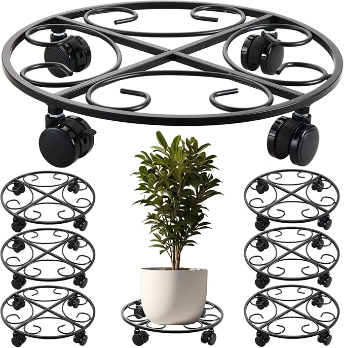 6-pack 15.8 inches Extra-large Metal Plant Caddy with Wheels Rolling Plant Stands Wheeled Plant Dolly Coasters Heavy-duty Pot Mover Roller Base Indoor Outdoor Garden Planter Trolley Cart, Black