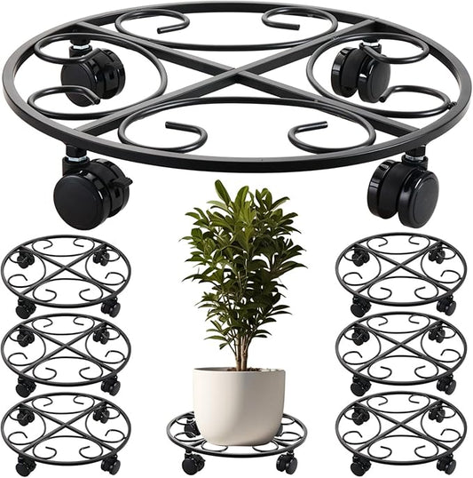 6-pack 15.8 inches Extra-large Metal Plant Caddy with Wheels Rolling Plant Stands Wheeled Plant Dolly Coasters Heavy-duty Pot Mover Roller Base Indoor Outdoor Garden Planter Trolley Cart, Black