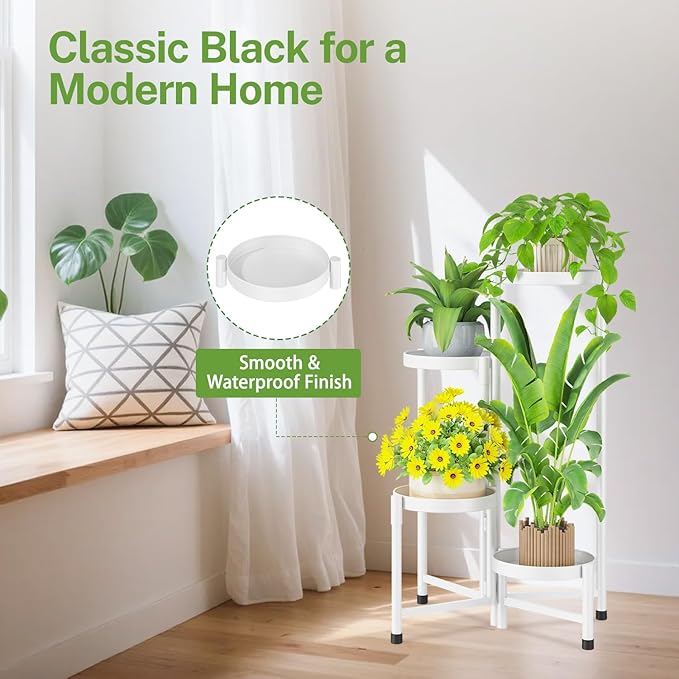 iDavosic.ly Plant Stand Indoor Outdoor, 4 Tier Corner Metal Flower Display Holder Shelf, Easy Assembly Folding Tall Orchid Rack for Patio Balcony Porch Garden Living Room House, White