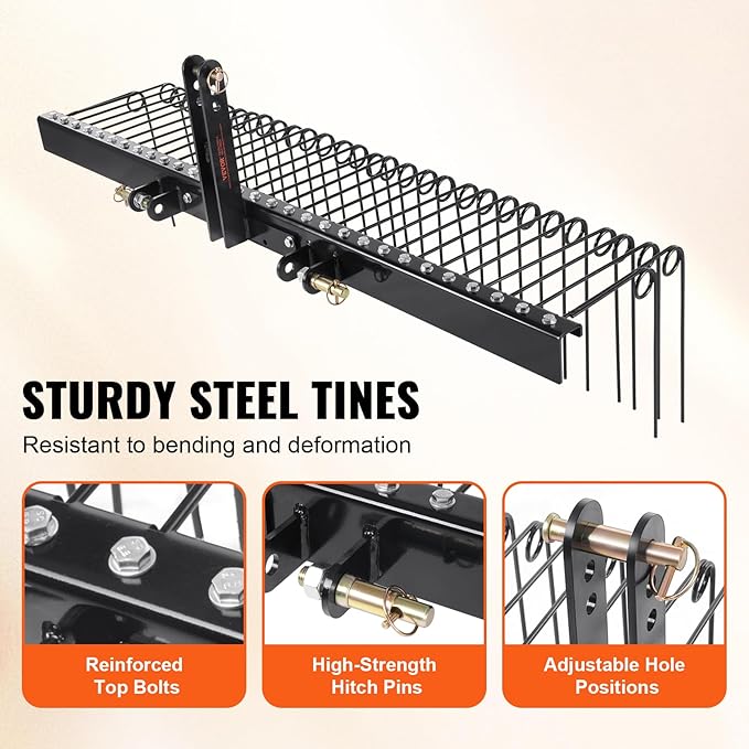VEVOR Tow Behind Landscape Rake, 72" Tow Dethatcher with 32 Steel Tines, Lawn Dethatcher Rake Attaches to Category 1, 3 Point Hitch for Tractor, for Leaves, Pine Needles, Straw, and Grass