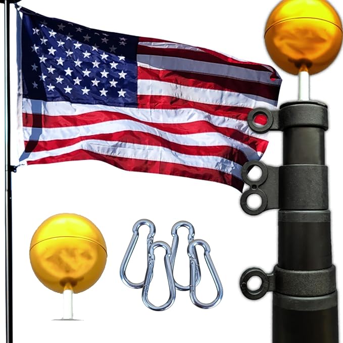 Service First 20FT Flagpole Kit Freedom Edition Black Telescoping for Outside House In Ground - Anti Tangle Swivel Ring Design - 100MPH Wind Tested