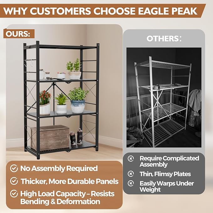 EAGLE PEAK 4-Tier Foldable Greenhouse Shelf, Heavy Duty Metal Storage Rack, No Assembly Steel Shelving Unit, Plant Stand for Greenhouse and Multi-Use Storage, 28”x14.6”x44.7”, 520 lbs, 2 Pack, Black