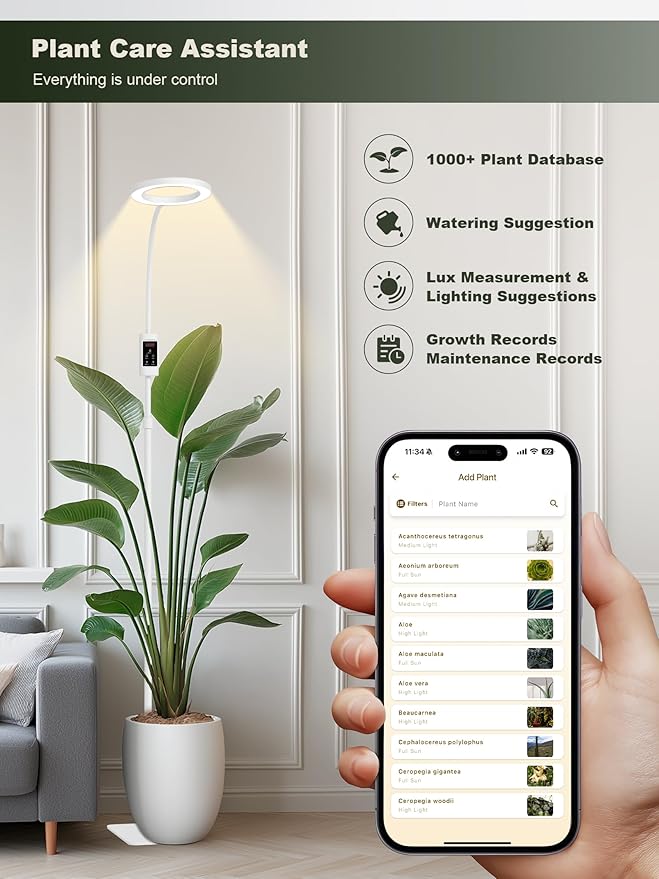 GLOWRIUM Smart Grow Lights for Indoor Plants, 24W Full Spectrum Plant Lights with Bluetooth App, Adjustable Height 47-70.9", Auto Timer, Indoor Plant Lamp for Large Tall Plants（White 24W）