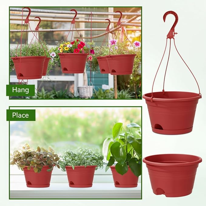 Roshtia 20 Pcs 10 Inch Hanging Baskets for Plants Large Plastic Hanging Basket Pots with Drainage Trays Self Watering Planter Pots for Outdoor Indoor Plants Flowers Garden Balcony (Brown)