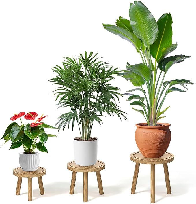 3 Pack Plant Stand Indoor Outdoor Mid-Century Modern Plant Stool Wooden Plant Pot Holder Home Decor for Gardening Living Room,Balcony,Office (Light Burnt Color, 3 Pack)
