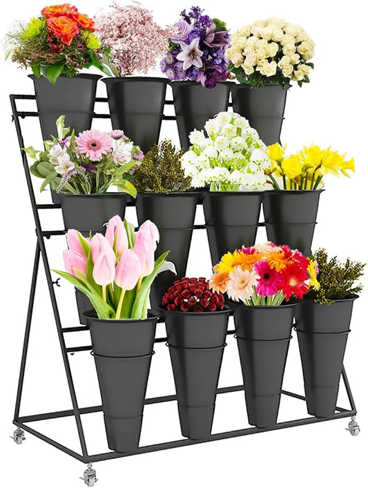 Flower Display Stand, 3 Layers Heavy Duty Moving Plant Cart Shelf With Wheels and Bucket, Wrought Iron Florist Shelf, for Patio Garden,Florist,Outdoor Flower Pop-Up Events (Black Shelf - Black Bucket)