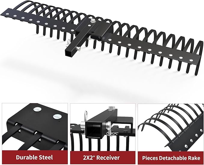 YITAMOTOR 60" Tow Behind Landscape Rake, 2" Receiver Lown Dethatcher Rack with 21 Steel Tines for ATV/UTV & 3-Point Hitch Systems Tractor, Features to 48" or 60" Toolbars for Leaves, Debris, Grass