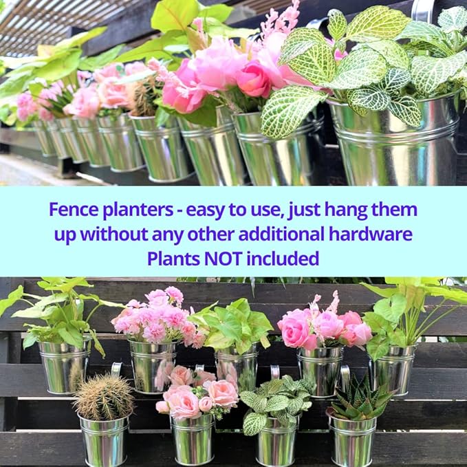 LaLaGreen Fence Planters for Outdoor Plants (10 Pack, 6 Inch) Railing Planter Metal Herb Garden Pots Outdoor, Hanging Silver Flower Buckets for Outside Wall Deck Patio Balcony Rail Farmhouse Rustic