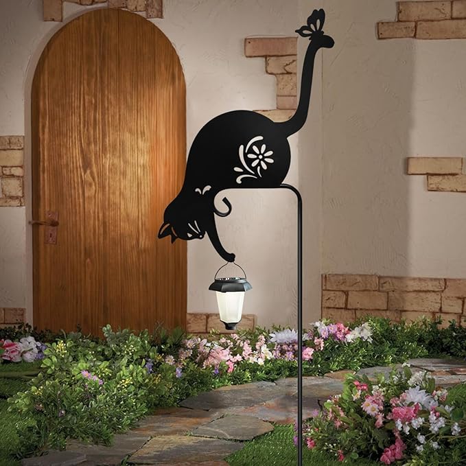 Cat Solar Lights Outdoor Garden, Black Cat Garden Statue,Black Cats Outdoor Decorations with Solar Lantern