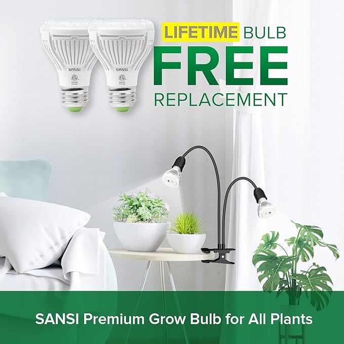 SANSI LED Grow Lights for Indoor Plants, Lifetime Free Bulb Replacement, 300W Full Spectrum Dual Gooseneck Clip Plant Grow Light with Optical Lens for High PPFD Growing Power Lamp,No Timer