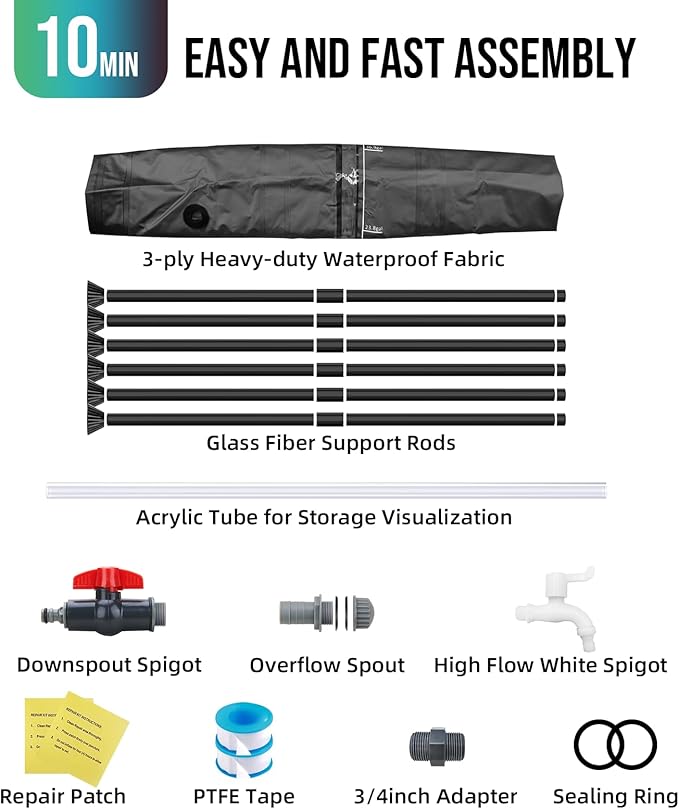 Collapsible Rain Barrel Water Collection System - 53 Gallon Portable Water Storage Tank,Foldable Rainwater Collect System Downspout, Water Catcher Container with Filter, Spigots＆Overflow Kit,Black