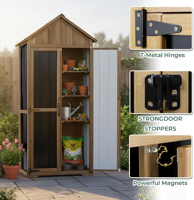 Outdoor Storage Cabinet with Shelf, Wood & Metal Storage Shed with Lockable Doors & Sloping Roof, Outdoor Cabinets for Patio Backyard, Garden Shed Tool Shed and Accessories, Brown