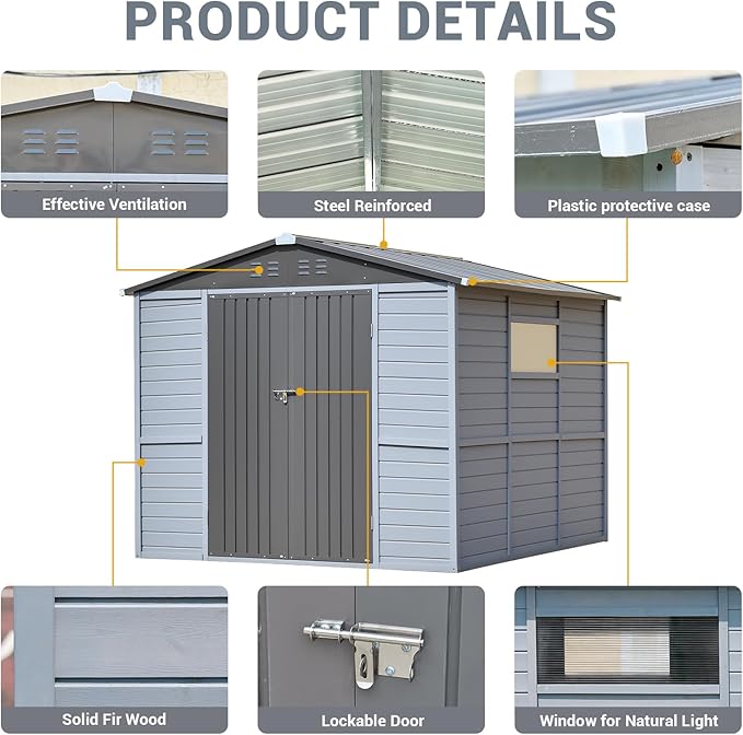 Wood & Steel Shed 8x8ft Outdoor Storage Shed with Waterproof Roof & Wind Resistance, Lockable Double Doors for Garden, Lawn, Patio Organization