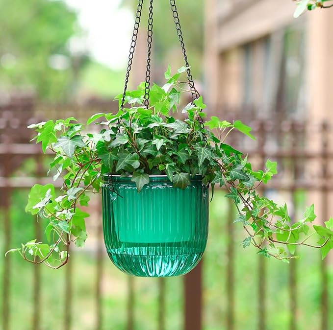 Meicynhoger 2-Pack Vintage Plastic Self-Watering Hanging Planters for Spider Plant,Ivy - 6.5" Clear Flower Pot with Hooks for Indoor Outdoor,Table, Balcony, Wall,Deck,Garden Green