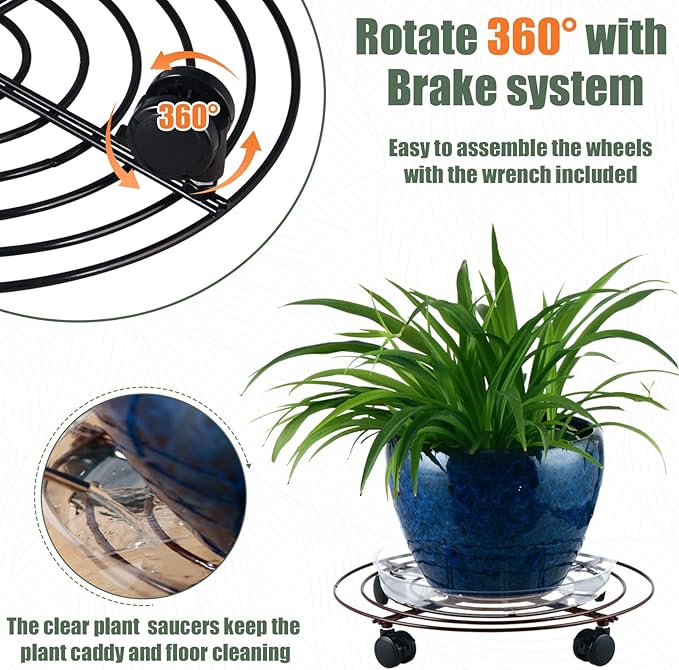 6 Packs 12 Inches Large Metal Plant Caddy with Wheels Rolling Plant Stands Heavy-duty Wrought Iron Plant Roller Base Pot Movers Plant Saucer on Wheels Indoor Outdoor Plant Dolly with Casters Planter Tray Coaster