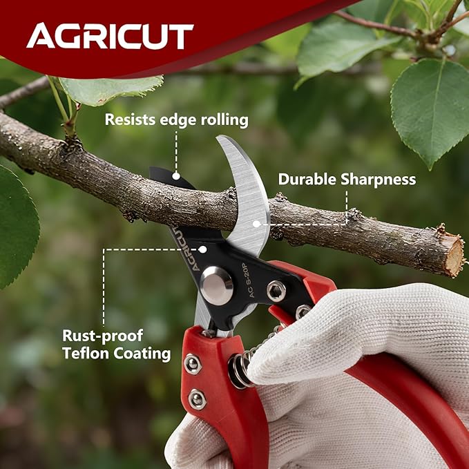 AGRICUT Pruning Shears Bypass Pruners - 4/5 Inch Cut Capacity Hand Clippers Gardening Scissors with High Carbon Steel Blade Teflon Coated Nylon Handle Red