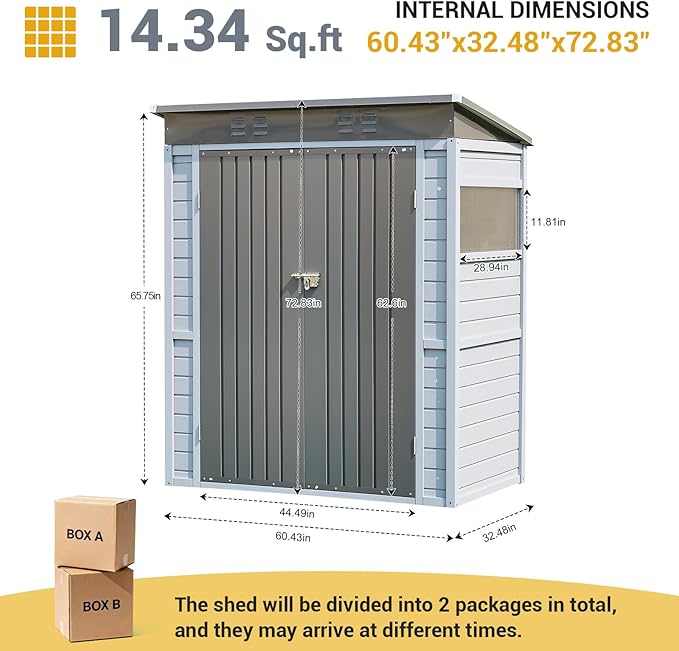 3x5ft Solid Wood & Steel Outdoor Storage Shed with Lockable Double Doors & Ventilation Windows for Garden, Lawn, Patio