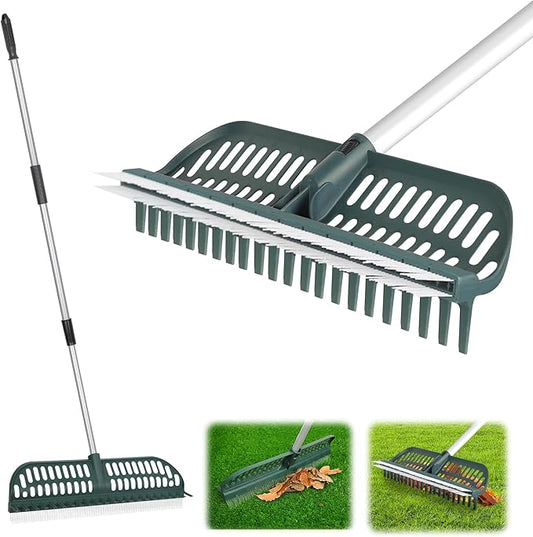 ORIENTOOLS Garden Leaf Rake 2 in 1 Turf Rake for Artificial Grass and Lawn with Telescopic Steel Handle, 49" to 63" Long