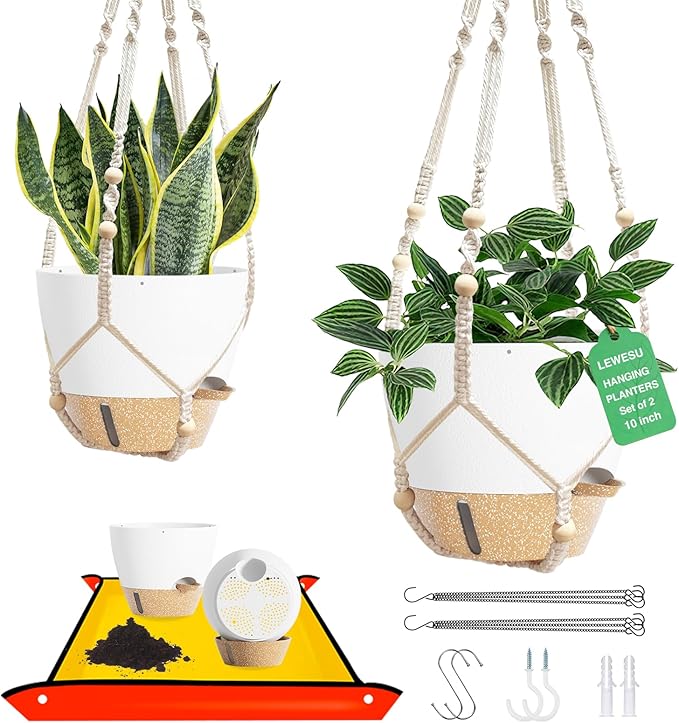 Set of 2 Hanging Planters for Indoor Plants with Self Watering Includes Hanging Pots and 2 Types Plant Hangers, Outdoor Hanging Baskets Holder for Home Garden, 10 Inch Oyster White