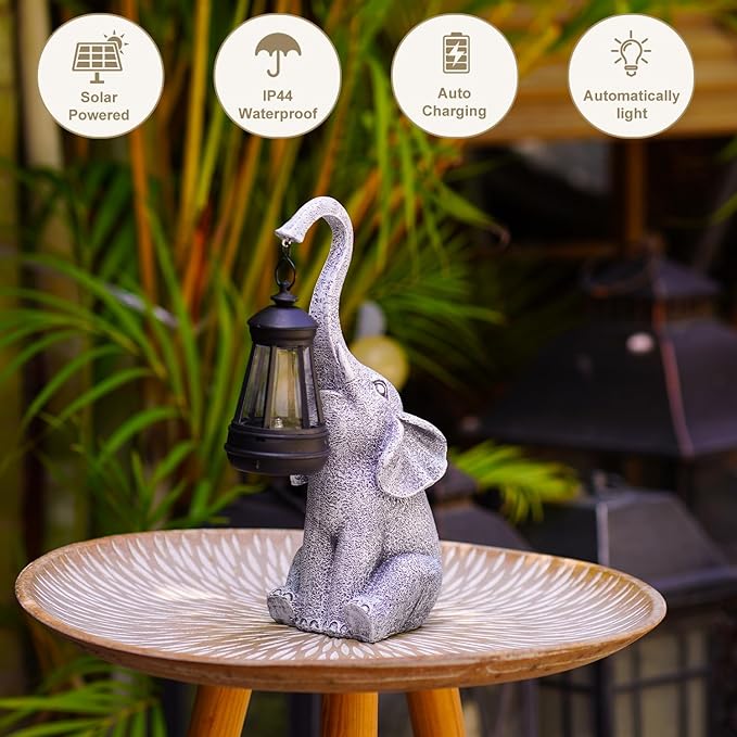 Garden Statues Elephant with Solar Lantern Outdoor Figurines Decorations for Patio Yard Lawn Ornaments Gifts for Birthday Mom Housewarming(Gray)