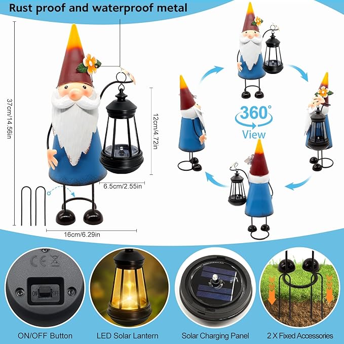 Solar Santa Claus Statue with Lights,14.56in Tall Solar Christmas Gnome Garden Sculptures, Birthday Xmas Gift for Woman Grandma Big Metal Decorative for Outdoor Patio Porch Ornaments Lawn Yard Balcony