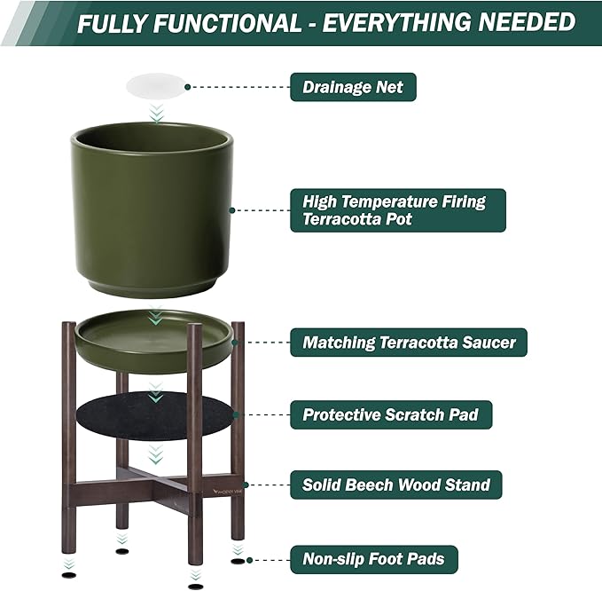 D'vine Dev Ceramic Planter with Walnut Color Stand - 12 Inch Modern Round Flower Pot with Wood Planter Holder, Olive, 55-B-W-J