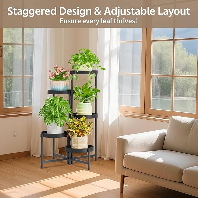 LASZOLA 5 Tiered Folding Plant Stand Indoor for Multiple Large Planter, Tall Heavy Duty Adjustable Rack with Rust Proof Plastic Shelving, Sturdy Vertical Tree Organizer for Narrow Inside Floor, Black