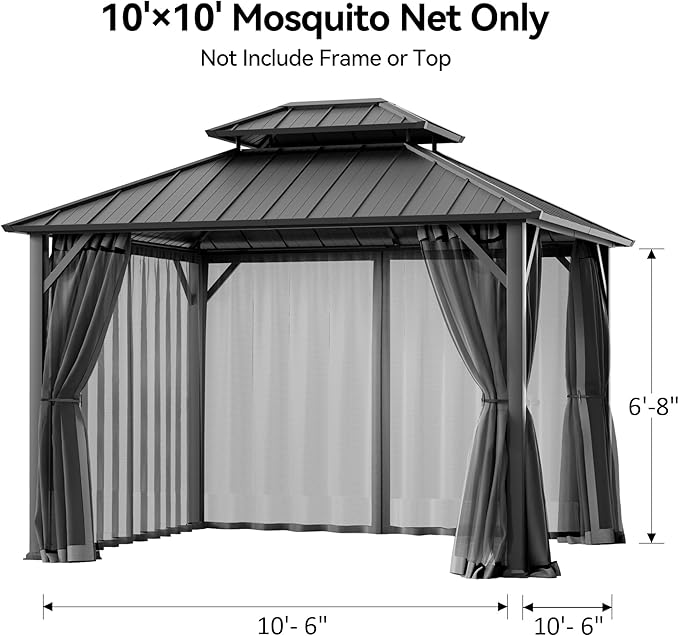 Universal Gazebo Mosquito Netting 10'x10' Replacement, 4-Panel Screen Walls with Double Zipper for Outdoor PatioCanopy Garden Gazebos, Dark Gray and Black