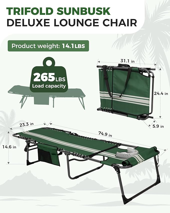 KingCamp 2 Pack Folding Lounge Chair Outdoor, Tanning Chair with Face Hole Comfy Adjustable 5-Position Foldable Chaise Chaser Lounger for Outside Beach Patio Sun Bathing Pool, Green/White