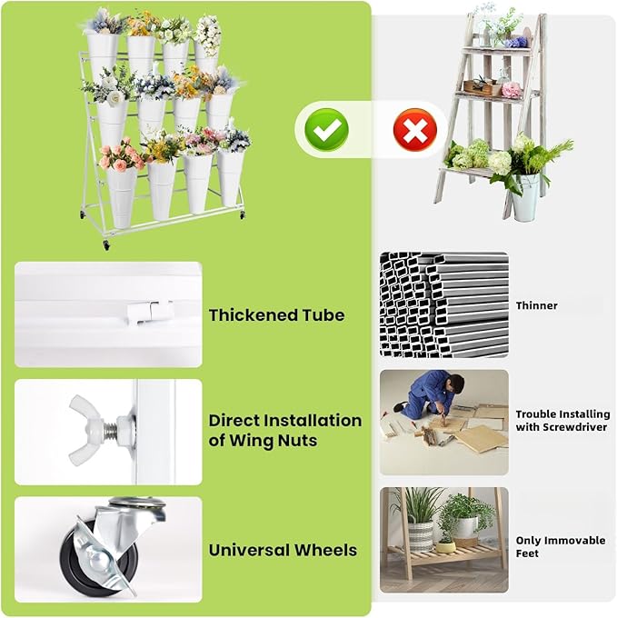 Flower Display Stand with Buckets, 3 Layers 12PCS Buckets Metal Flower Cart Display Stand with Wheels, for Patio Garden, Living Room (3 Layers White Round Bucket)