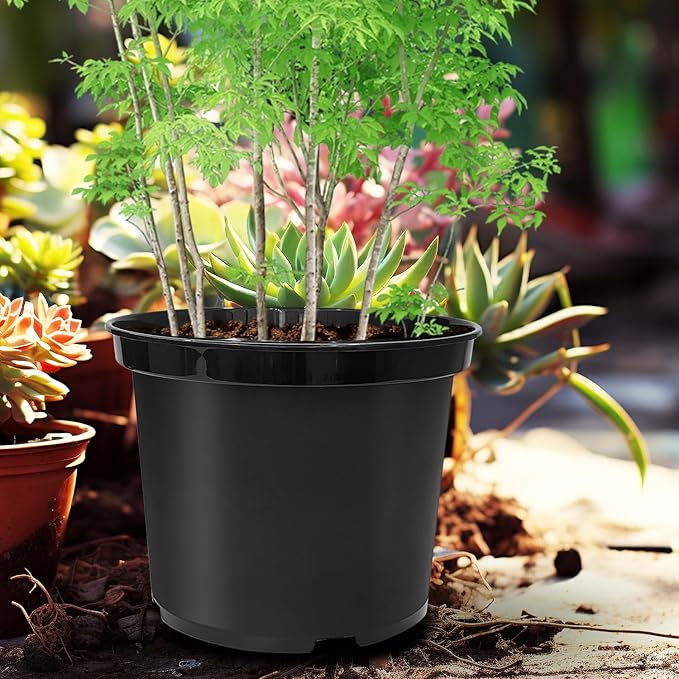 5 Gallon 12 Inch Plastic Nursery Pots, Plant Containers with Drainage Holes, Round Sturdy Garden Planters for Indoor/Outdoor Greenery, Gardening Gifts for Women (5-Pack, Black)