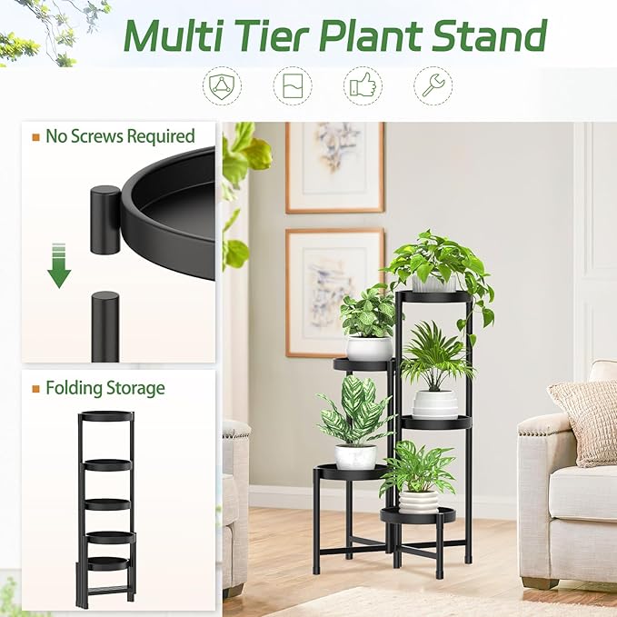 iDavosic.ly Plant Stand with Garden Tools, 5 Tier Corner Metal Flower Display Holder Shelf Indoor Outdoor, Easy Assembly Folding Tall Orchid Rack for Patio Balcony Porch Living Room House, Black
