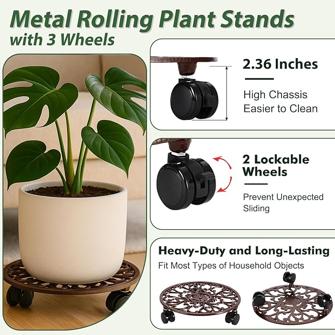 2 Packs 11 Inch Rolling Plant Stand with Wheels Wrought Iron Rolling Plant Stand with Casters Heavy Duty for Indoor Plants Rollers with Wheels, Metal Round Plant Dolly