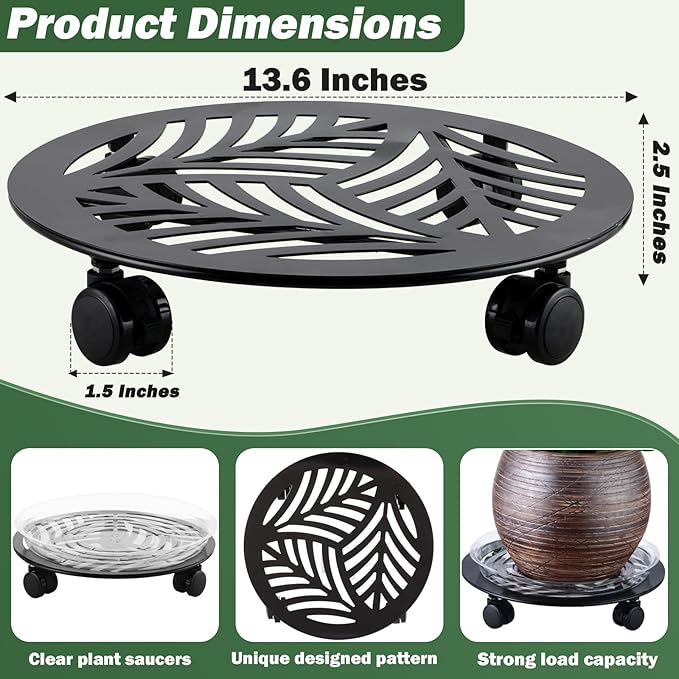 2 Packs Large Metal Plant Caddy with PU Wheels 13.6" Heavy-duty Wrought Iron Rolling Plant Stands Indoor Outdoor Wheeled Plant Dolly Planter Mover Rollers Plant, Leaf Style