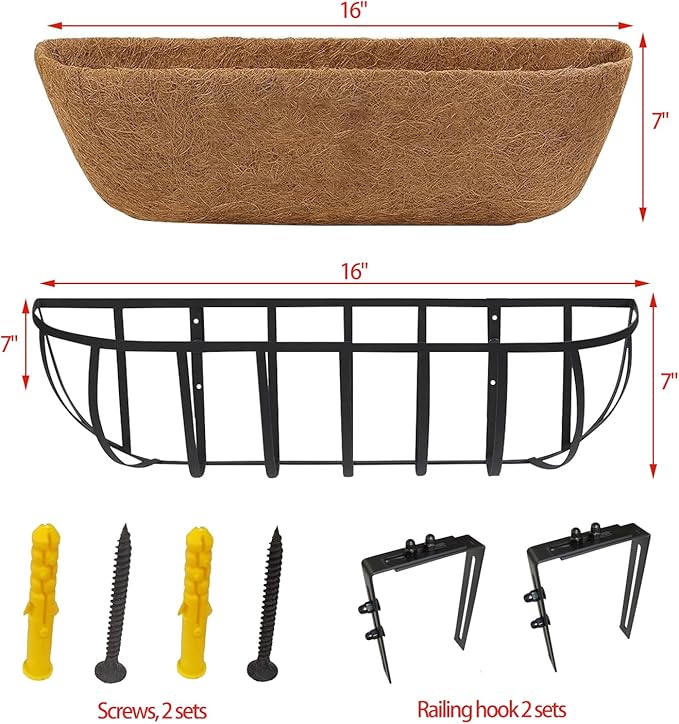 2 Pack 16" Railing Planter Window Box with Coco Fiber Liner Horse Trough Planter The Railing Planter Boxes for Deck Porch Fence Outdoor