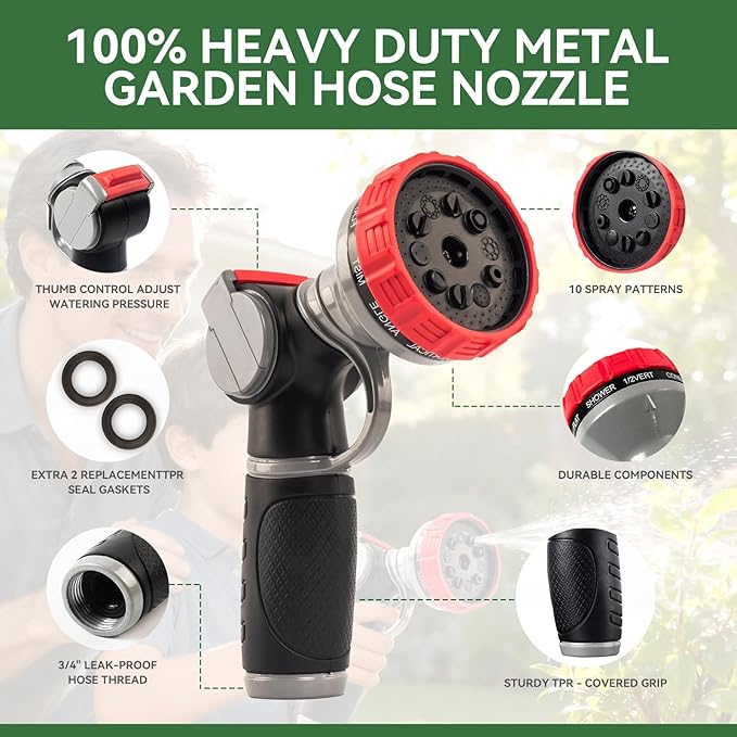Garden Hose Nozzle,10 Adjustable Spray Patterns, Ergonomic Thumb Control Heavy-Duty Metal Spray Nozzle, Multi-Pattern Water Sprayer for Garden, Lawn, Car Wash (Thumb Control)