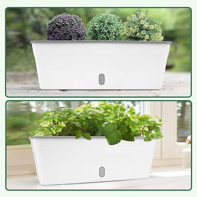 Self Watering Pots for Indoor Plants Outdoor, Rectangular Planter Window box 16.5 Inch 2 Pack, Water Level Window Prevents Overwatering for Herbs Strawberry Succulents Vegetable Basil Flower Garden