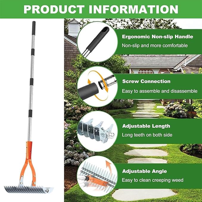 Thatch Rake, Lawn Dethatcher Rakes,Dead Grass Remover,Manual Dethatching Rake with Adjustable Length Handle, for Removing Dead Grass Debris Yard Garden, 66.9-Inch Length.
