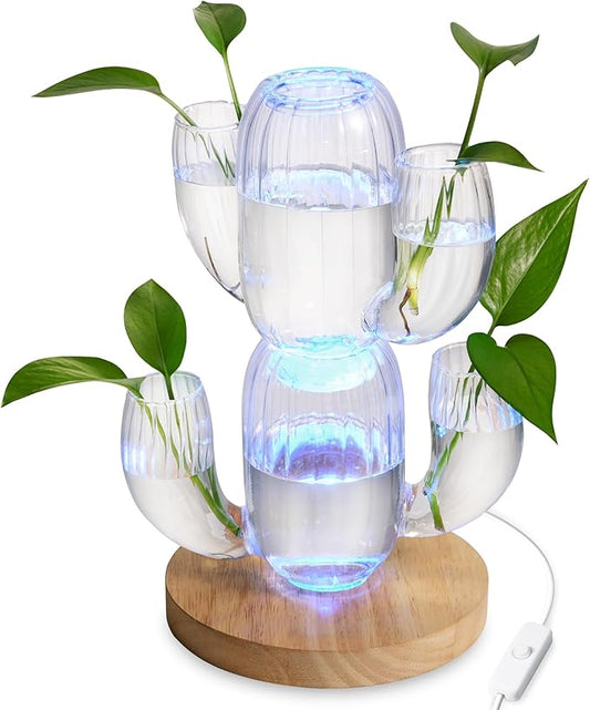 Lighted Plant Propagation Station with LED RGB Lights, 2 Glass Cactus Vases, Oak Wooden Base, Physical Push Button Control with USB Cables, Unique Gift for Plant Lovers