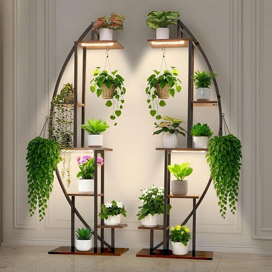 VEVOR Plant Stand Indoor with Grow Lights, 63 in Tall 6-Tiered Lighted Plant Shelf, 2 Pack Metal Corner Plants Holder, 3 Timer & 10 Brightness, Half-Moon Shaped Flower Display Rack for Living Room