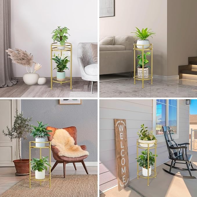H HOMEXIN Plant Stand Indoor ,2 Tier Metal Plant Stand 23.5'' Tall Heavy Duty Sturdy Plant Shelf Holder,Rustproof Decorative Plant Stands Outdoor for Corner Garden Patio Livingroom Balcony