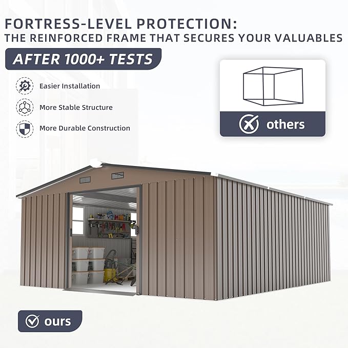 10x12 FT Outdoor Storage Shed, Extra Large Metal Shed with Lockable Doors,Vent & 2 Windows, All-Weather Tool Shed Storage House for Backyard,Garden,Patio, Lawn, Brown