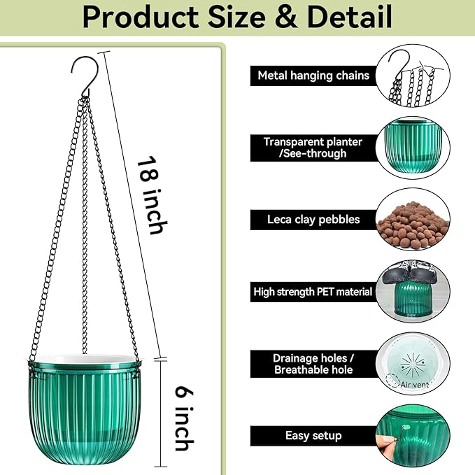 ZeeDix 3 Pack-6.5 Inch Hanging Planters for Indoor Plants, Self Watering Hanging Plant Pots with 3 Hooks and Drainage for Home, Wall, Window Decor Outdoor Use (Green, 6.5 inch)