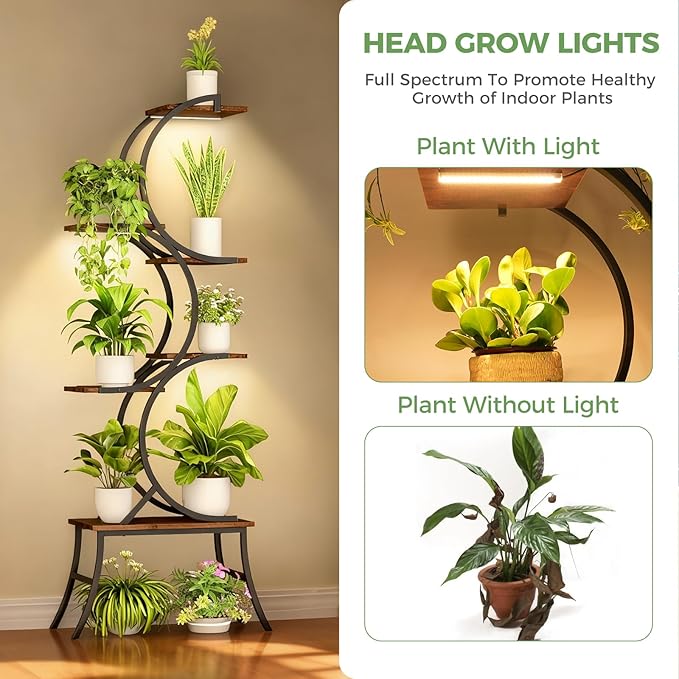 Plant Stand Indoor with Grow Lights 63 Tall Plant Shelf, Lighted Corner Plant Stands for Indoor Growing 6 Tiered Large Flower Holder C-Shaped Decorative Rack for Living Room Black (6 platforms)