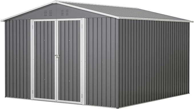 10x10 FT Outdoor Storage Shed, Large Metal Garden Shed with Lockable Hinged Doors, Outside Tool Shed with Sloped Roof & 4 Air Vents, Waterproof Storage Building for Backyard, Patio, Lawn, Gray