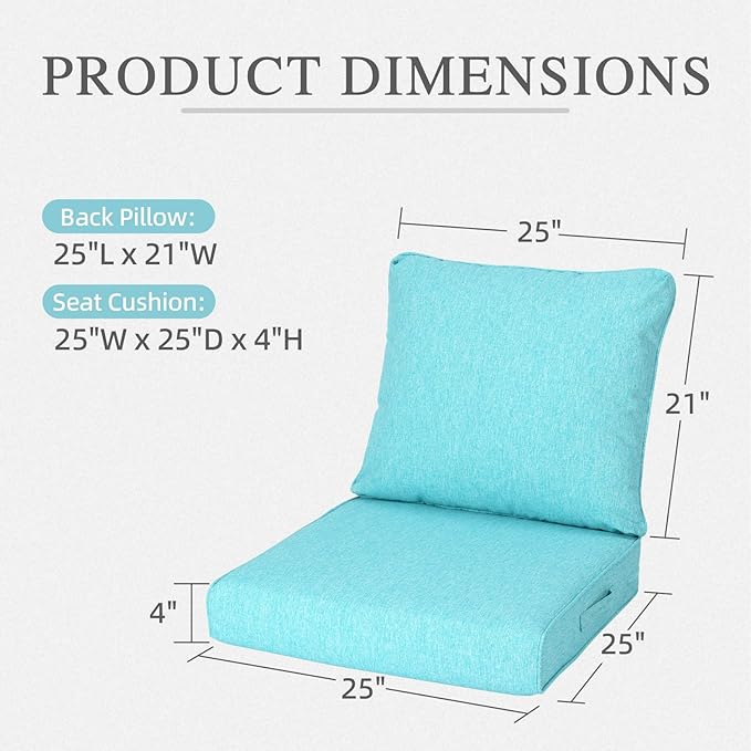 Aoodor 25" x 25" Patio Deep Seat Cushion Set, Water Resistant & Fade Resistant Outdoor Furniture Cushions with Adjustable Straps for Patio, Deck, Garden, Set of 2, Teal