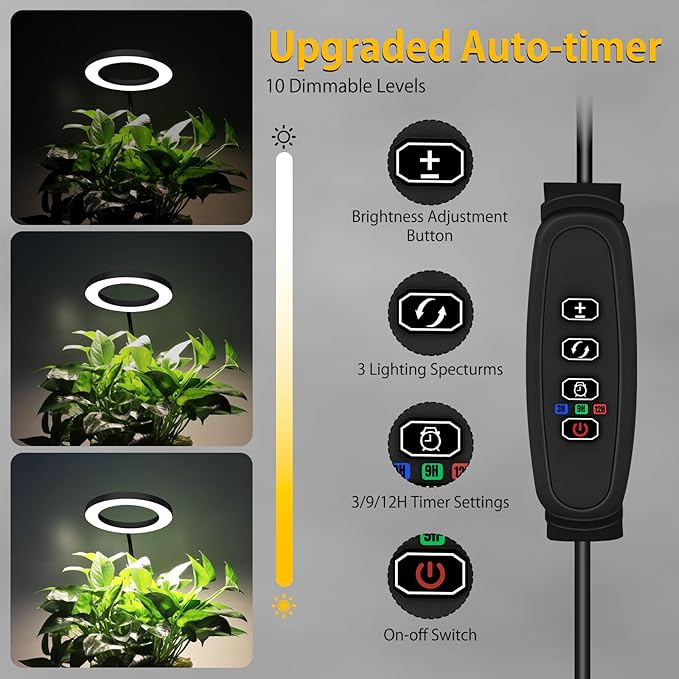 Grow Lights for Indoor Plants - Full Spectrum LED Halo Growing Lamp with Base & Groud Stake, Height Adjustable (16-67"), 3CCT, 10 Dimming, 3H/9H/12H Auto Timer - Black (NO Adapter)