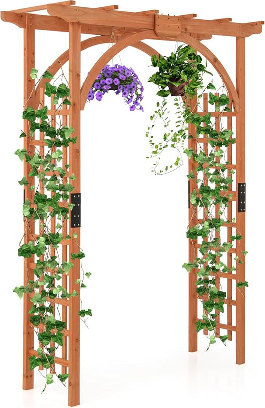 Happygrill Wood Garden Arbor, 84 Inch Outdoor Archway Pergola w/Decorative Hanging Roof & Side Climbing Trellis, Garden Arch for Climbing Plants, Wedding Ceremony Decoration, Lawn, Party