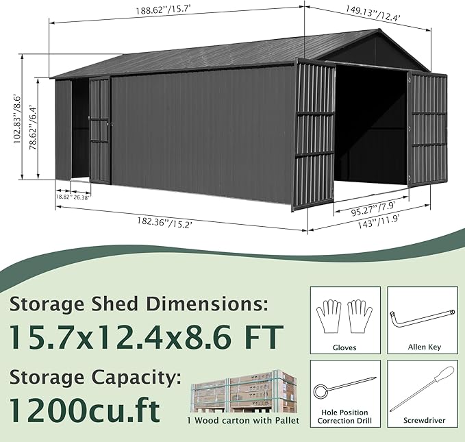 12x15FT Metal Storage Shed, Metal Garage Shed or Heavy Duty Carport, Lockable Double Hinged Doors, Extra Large Car Shelter for Car Truck Motorcycle Lawn Equipment, Wind Resistant